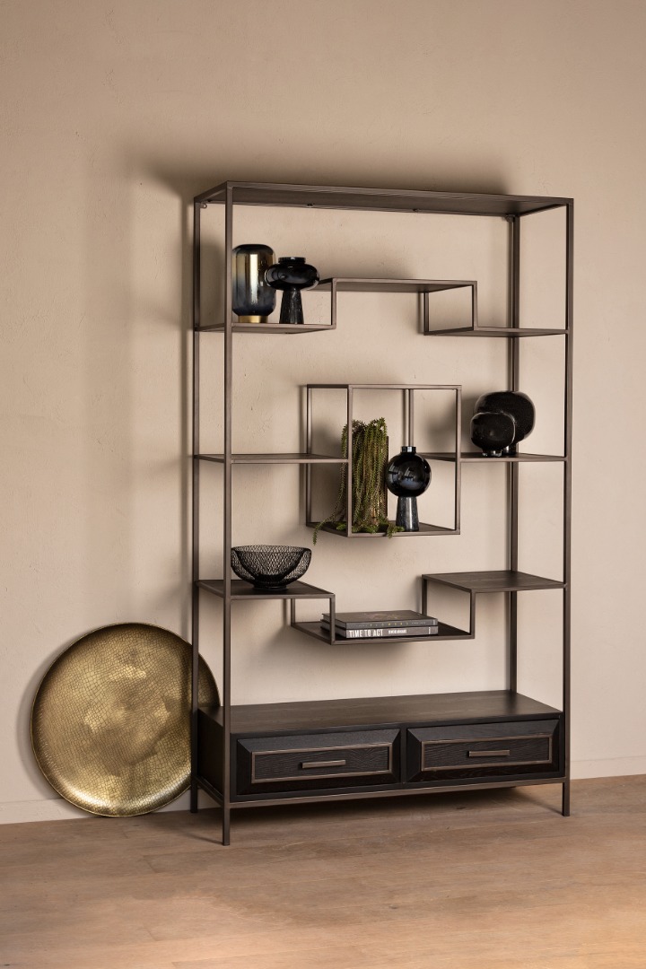 PTMD Lixly Black wood iron frame open cabinet - - Lifestyle Plaza